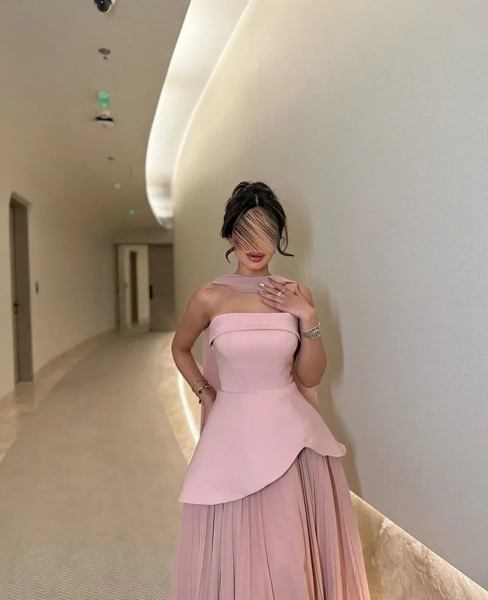 Msikoods Strapless Satin Pink A Line Evening Dress 2025 Saudi Arabic Formal Gown Cape Prom Dress Wedding Party Gown Customized