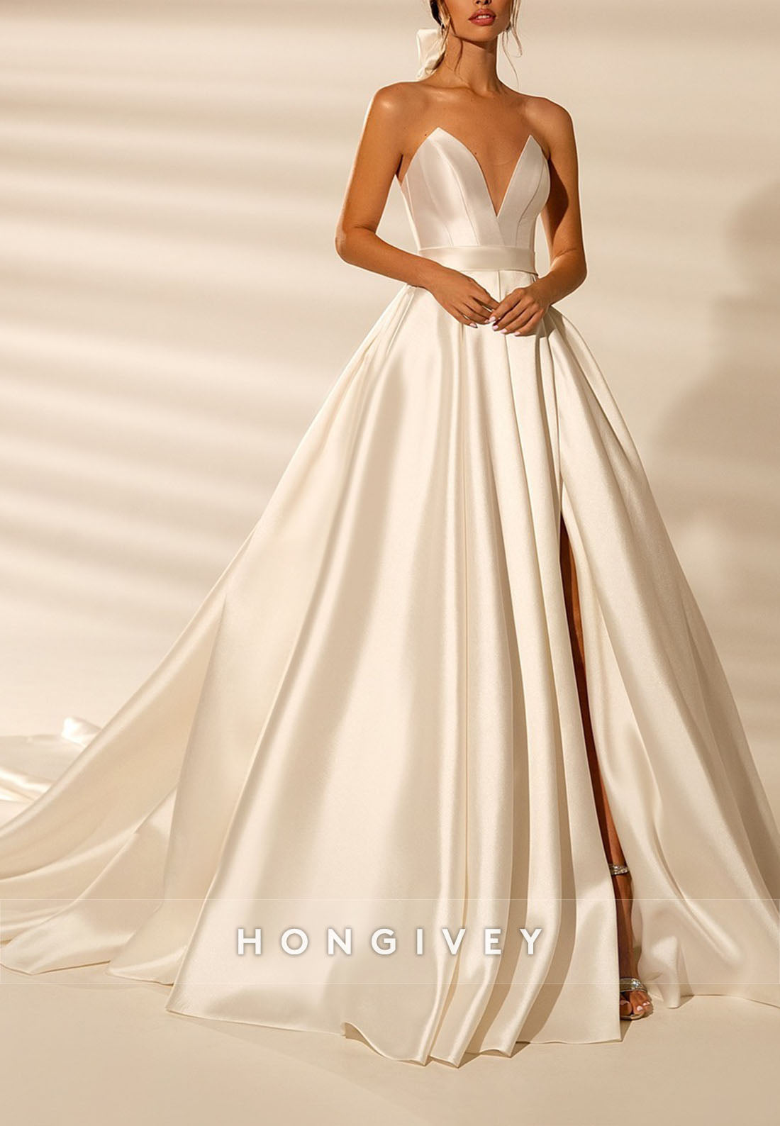 High Slit V Neck Chapel Train Low Back Princess Satin Wedding Dresses