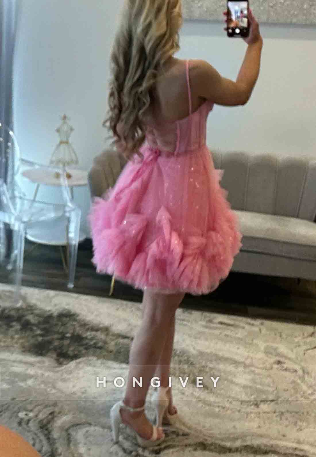 Pink Spaghetti Straps Crisscross Back Organza Corset Short Homecoming Dress