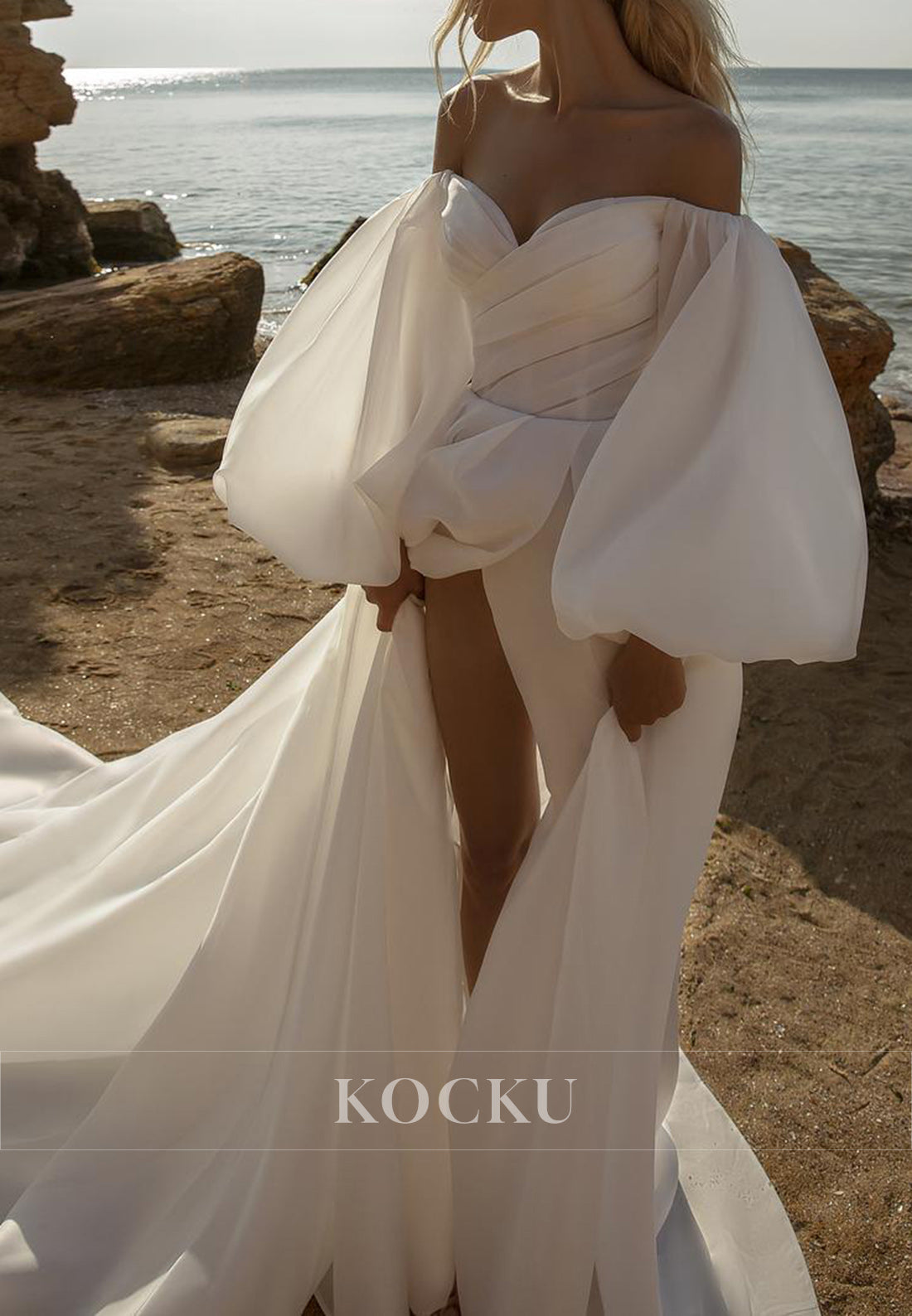Off - Shoulder Puff Sleeve Wedding Dress with High Slit & Long Train