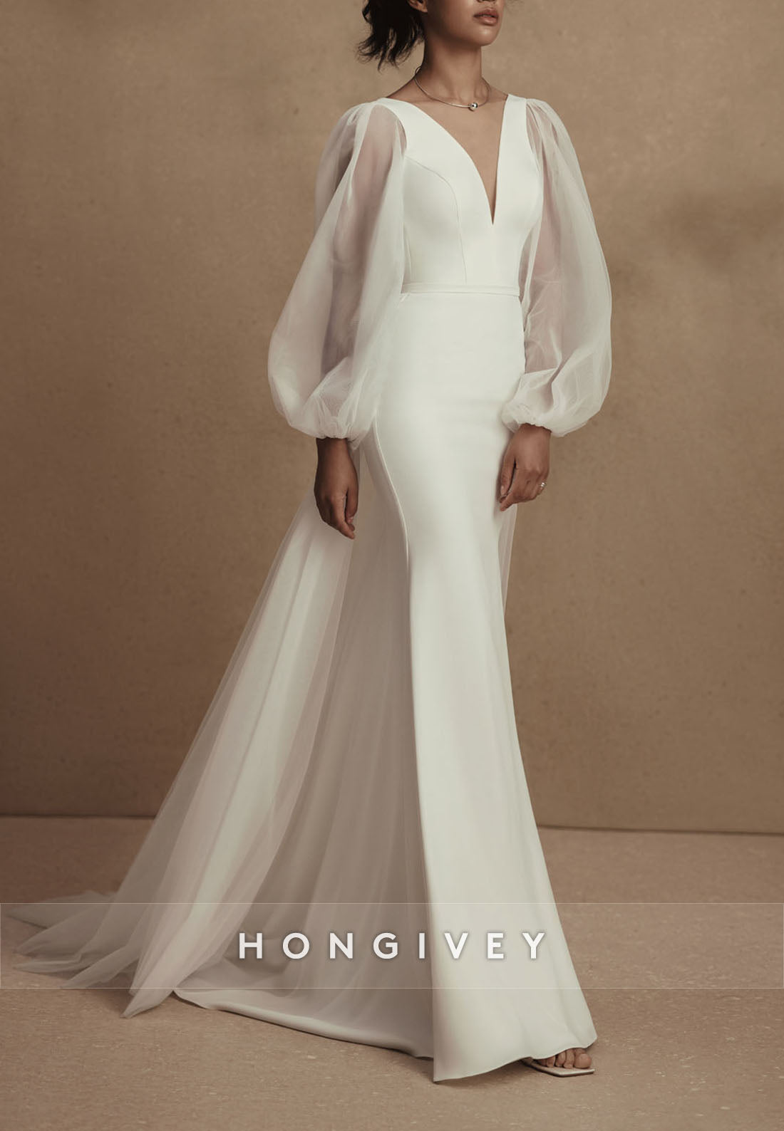 V Neck Zipper Pleated Long Sleeve V Back Trumpet Boho Wedding Dresses