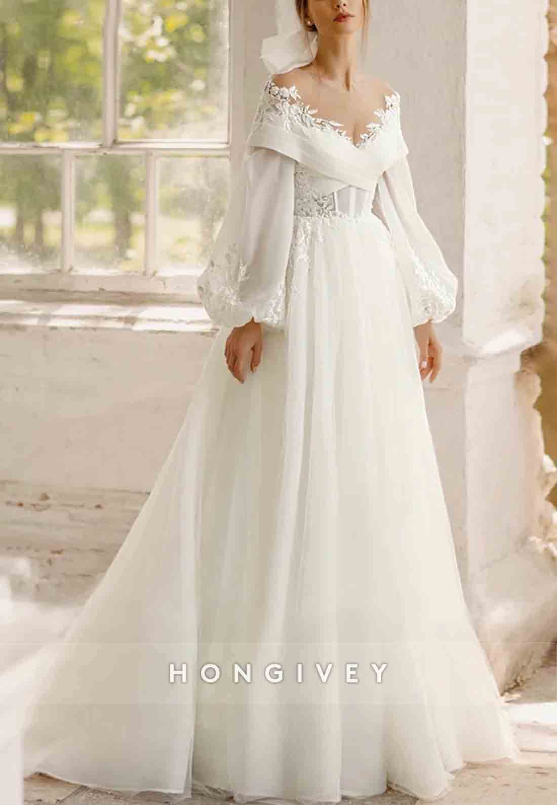 Off the Shoulder V Neck Lace Long Sleeve Empire Wedding Dresses