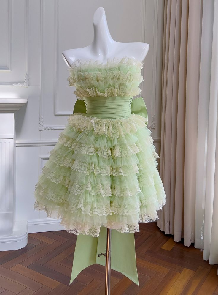 Light Green Tulle Lace Tiered Short Homecoming Dress Birthday Outfits S395