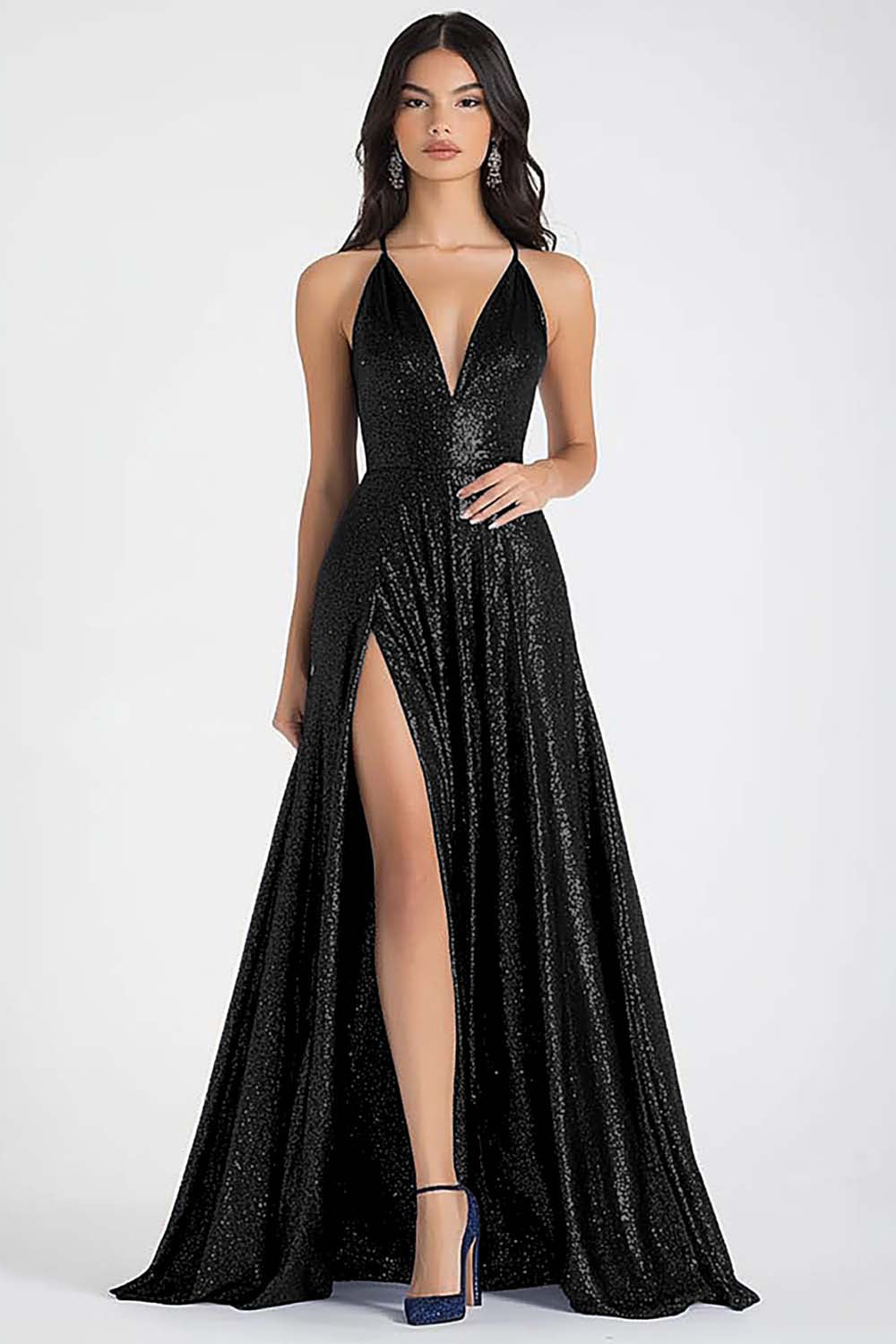 Sparkly Navy A-Line Spaghetti Straps Sequins Long Prom Dress with Slit