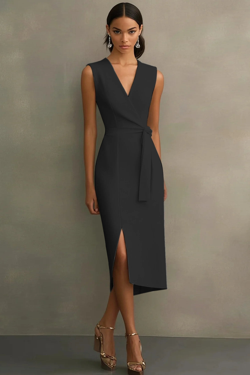 White Satin V-Neck Formal Dress with Belt