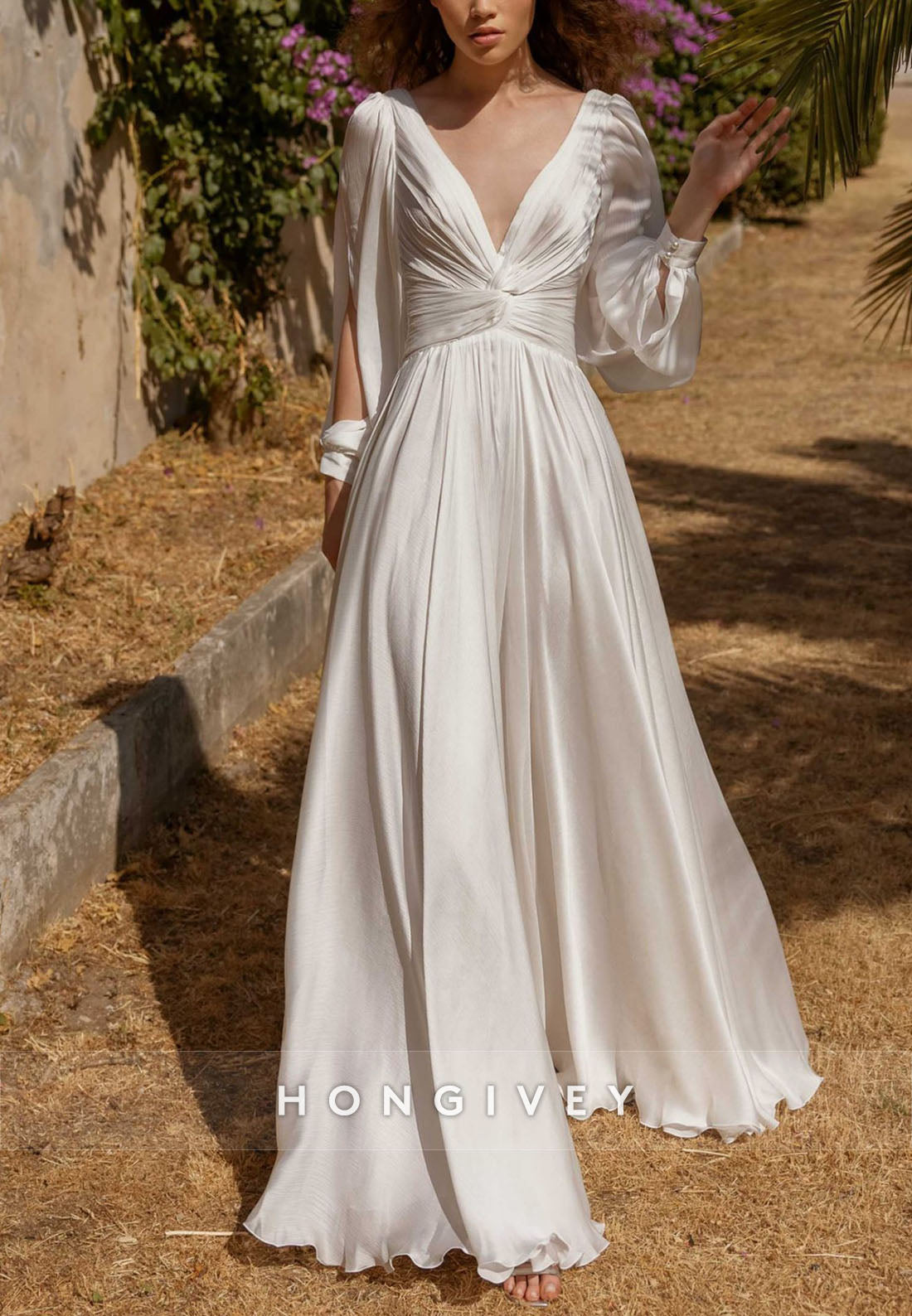 V Neck Long Sleeve Pleated Ruffles A-line V Back Wedding Dresses