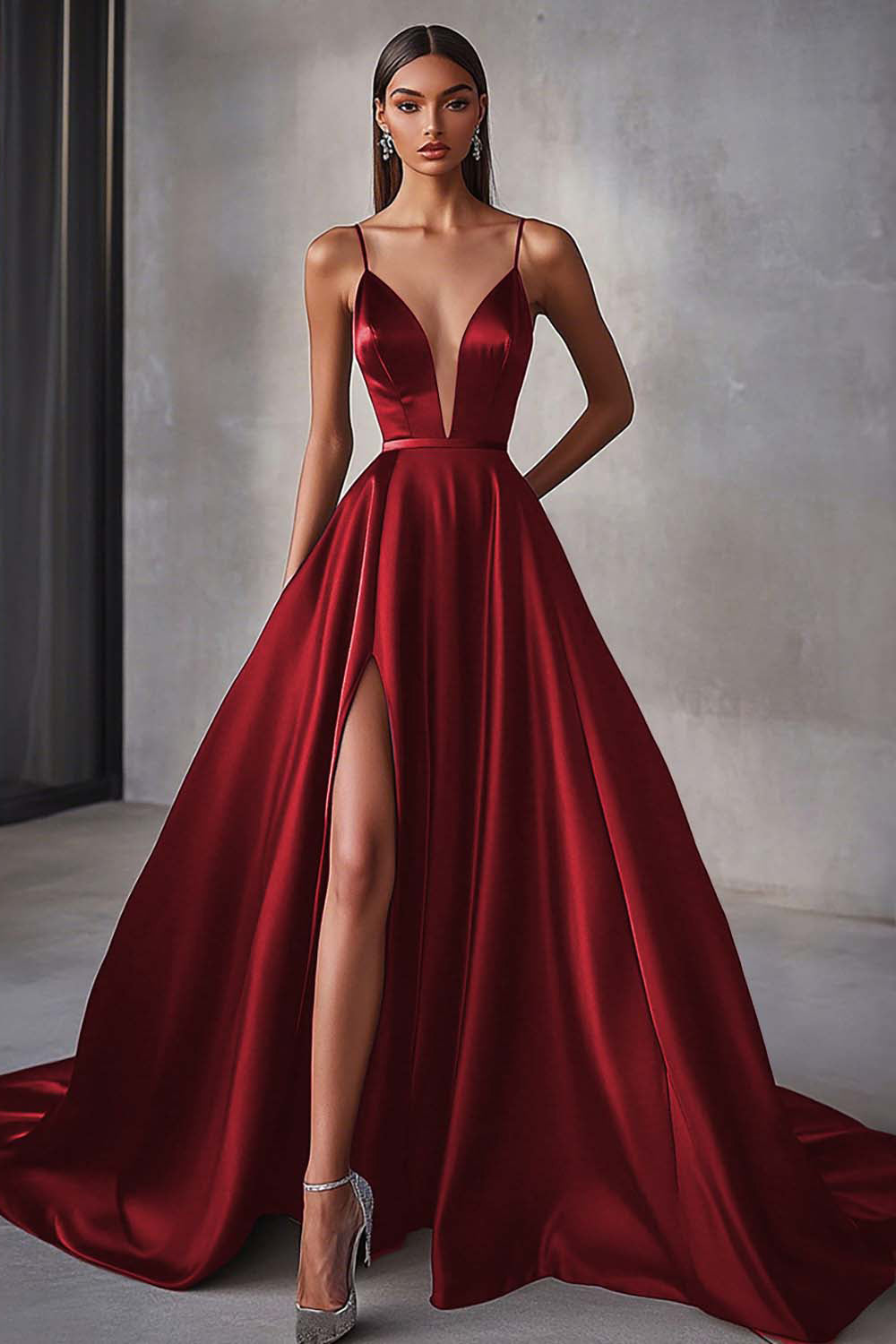 Navy Satin A Line Spaghetti Straps Long Prom Dress with Slit
