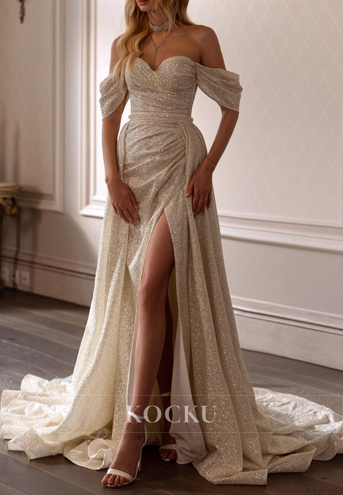 Sparkling Off - Shoulder Puff Sleeve Sequin Wedding Dress with High Slit & Train
