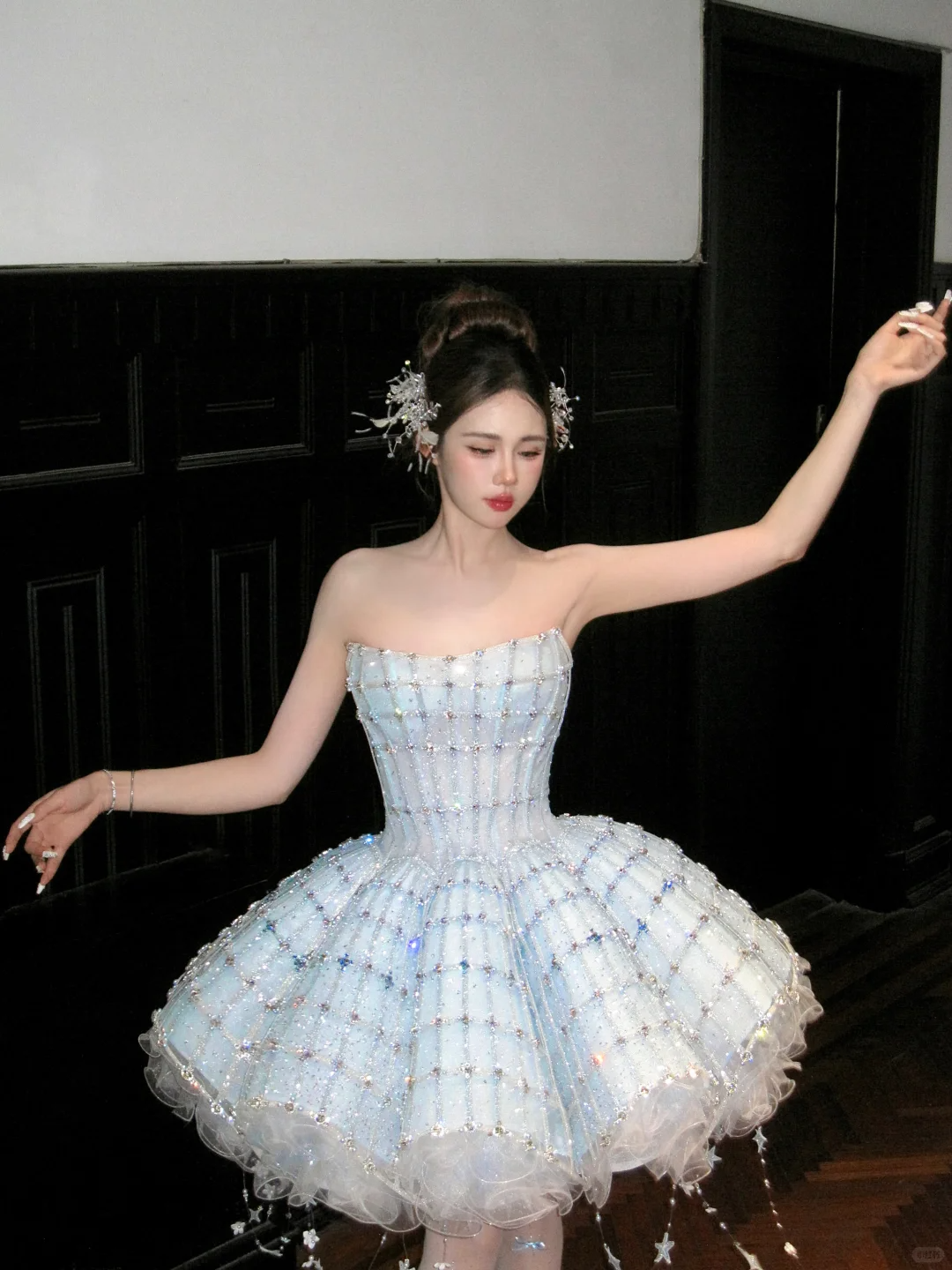 Glitter Blue Strapless Tulle Sequin Beaded A Line Short Homecoming Dress 18th Princess Birthday Outfits D051