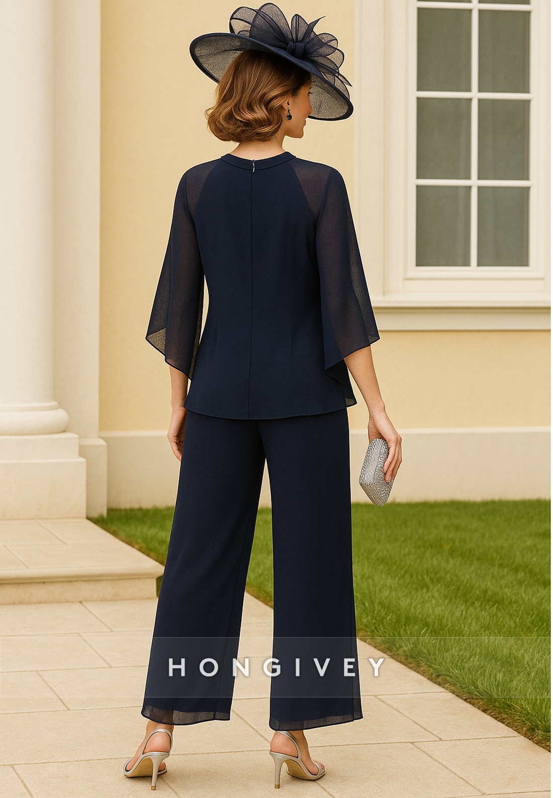 Ankle-Length Pantsuit 3/4 Sleeve keyhole Neck Chiffon Mother of Bride Dresses