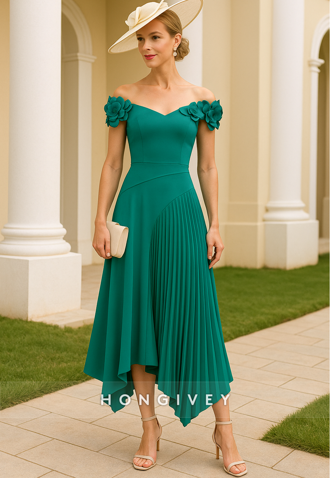 A-Line Asymmetrical Off the Shoulder Ruffles Shoulder Flowers Mother of the Bride Dresses
