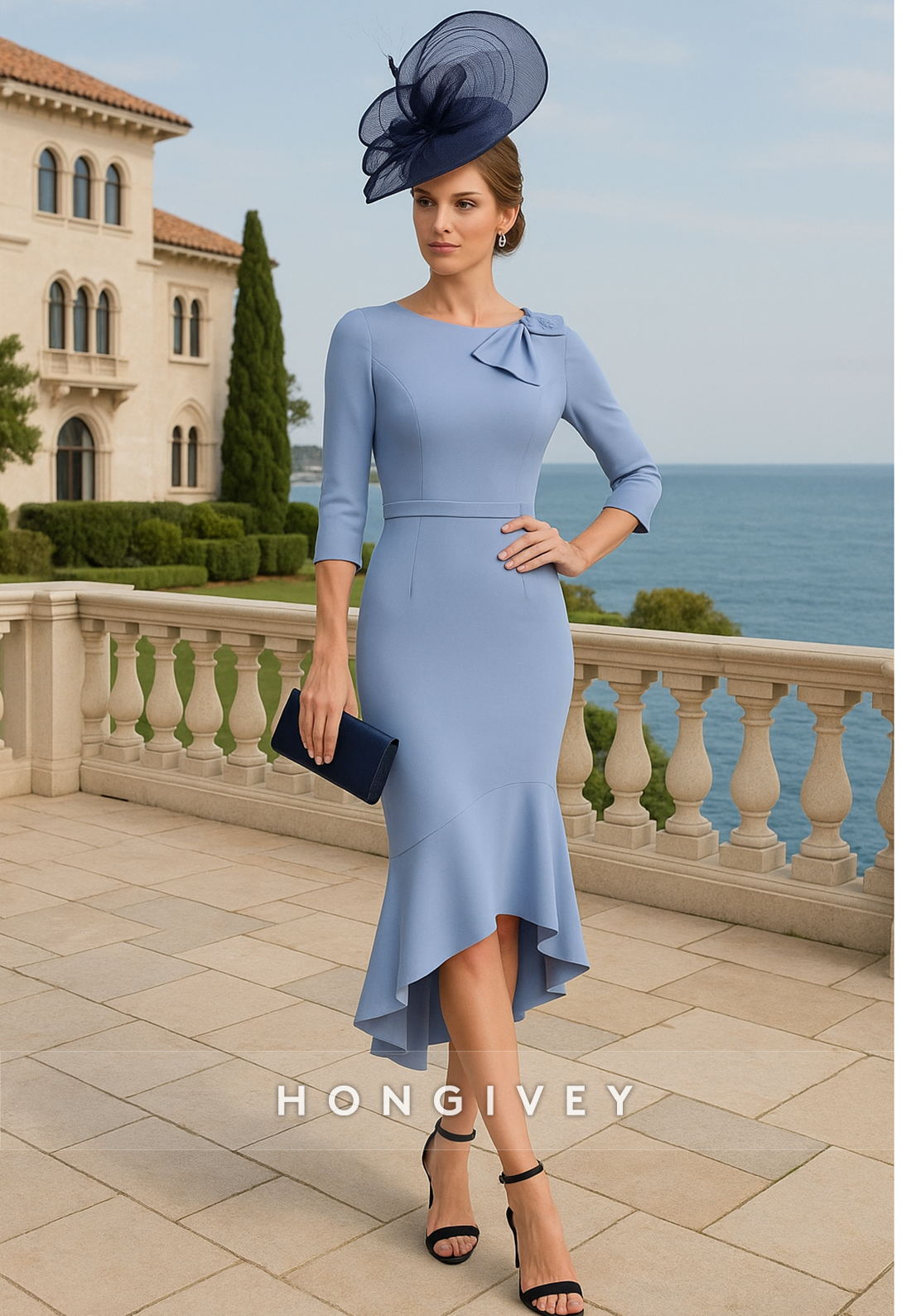 3/4 Sleeve Pleated Bowknot Pleated Asymmetrical Mermaid Mother of Bride Dresses