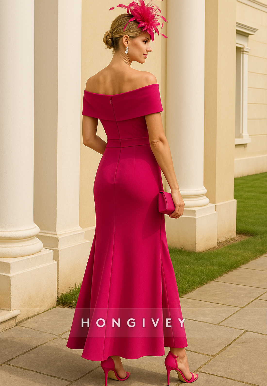 Ankle-Length Off the Shoulder Trumpet Pleated Waistband Pleated Mother of Bride Dresses