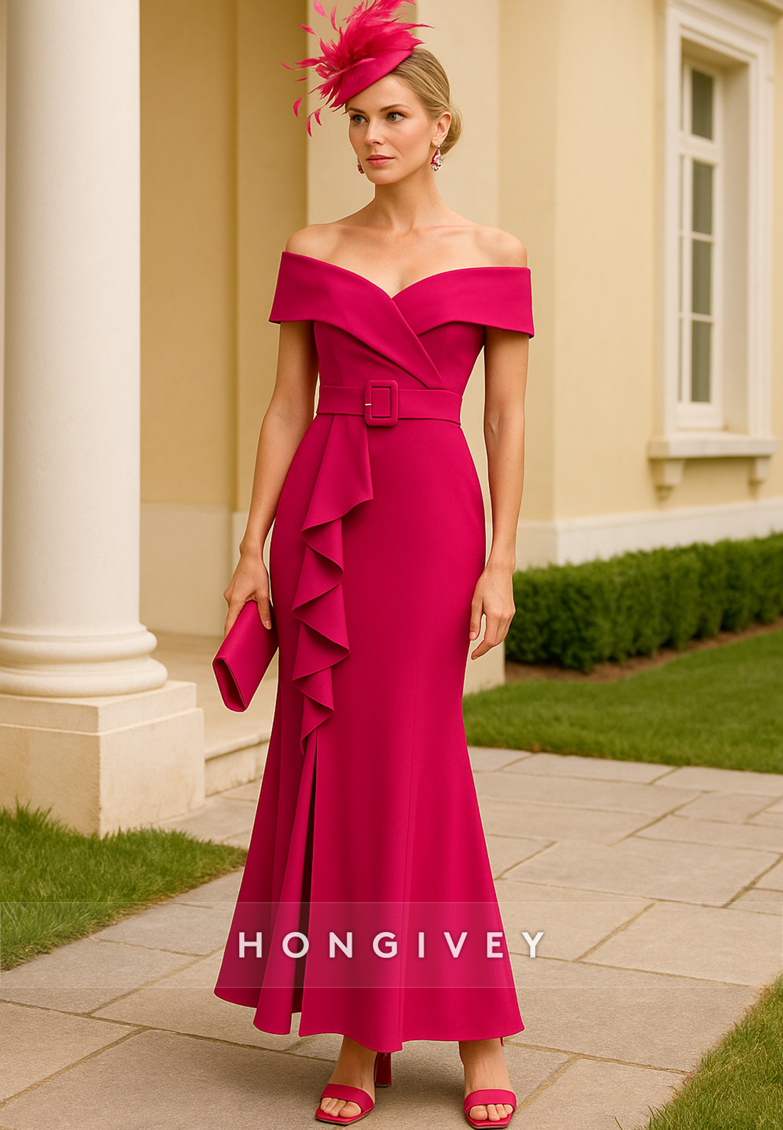 Ankle-Length Off the Shoulder Trumpet Pleated Waistband Pleated Mother of Bride Dresses