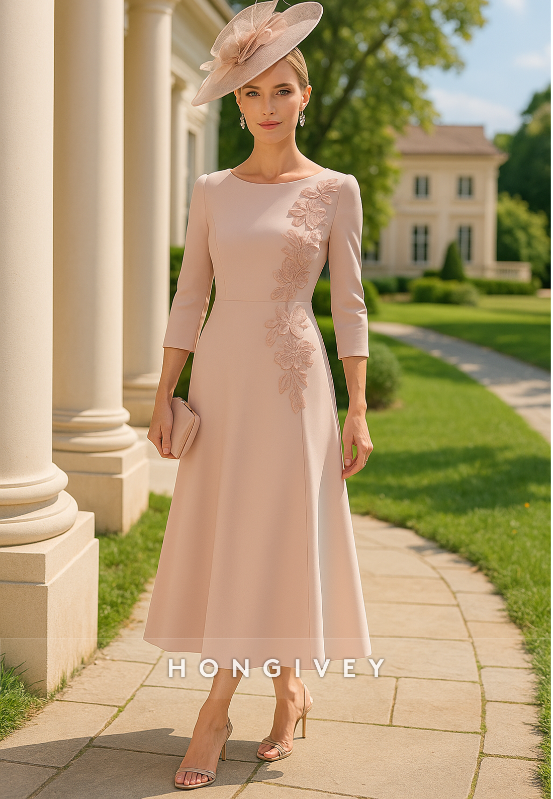 Appliqued 3/4 Sleeve Cocktail Dresses A-Line Tea-Length Mother of Bride Dresses