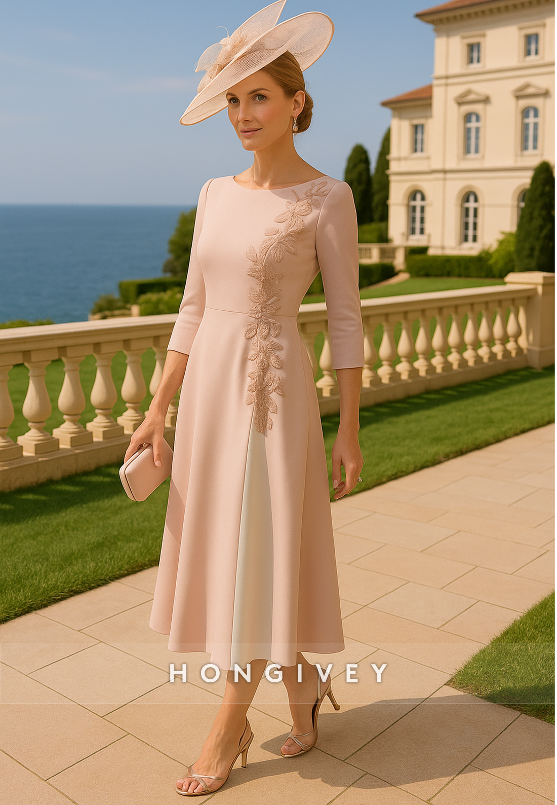 Appliqued 3/4 Sleeve Cocktail Dresses A-Line Tea-Length Mother of Bride Dresses