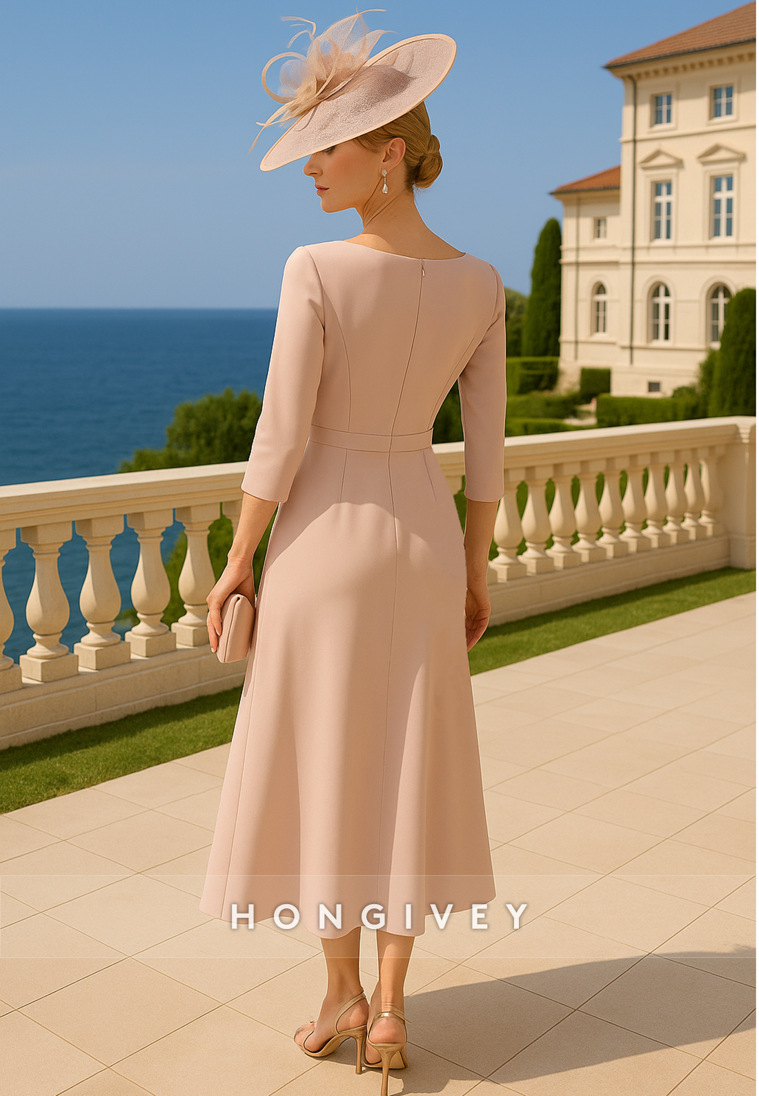 Appliqued 3/4 Sleeve Cocktail Dresses A-Line Tea-Length Mother of Bride Dresses