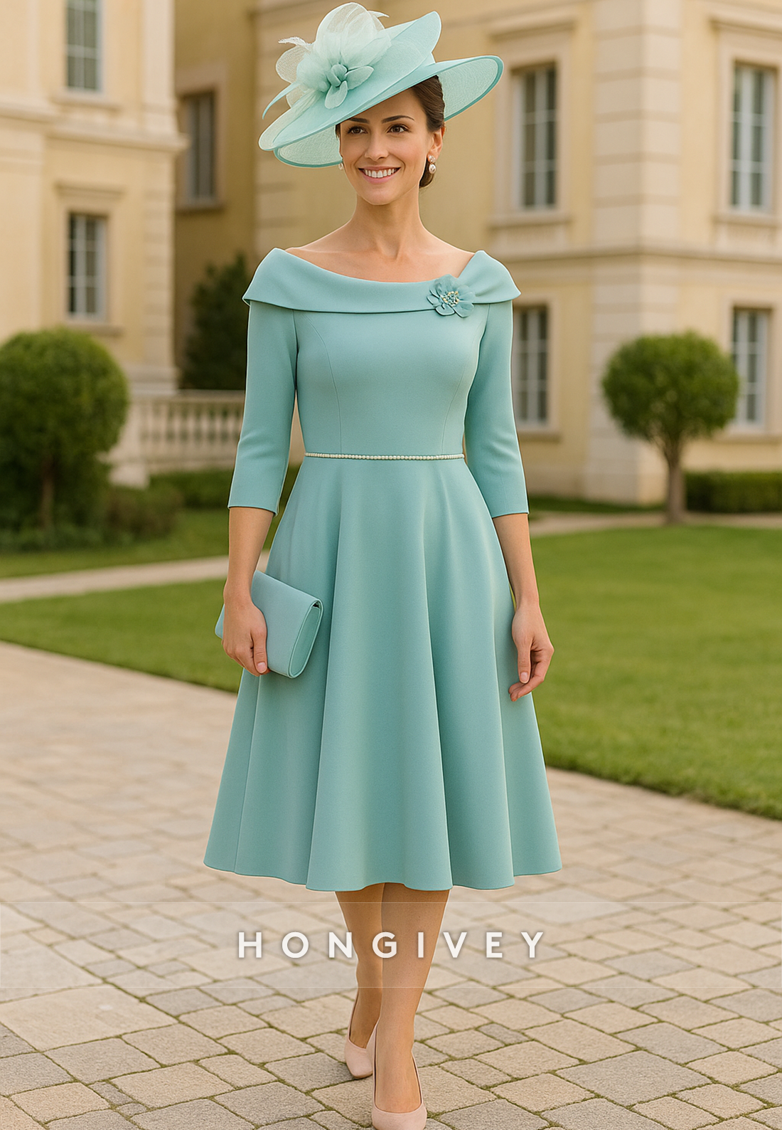 A-Line 3/4 Sleeve Cocktail Dresses Pleated Flower Mother of Bride Dresses
