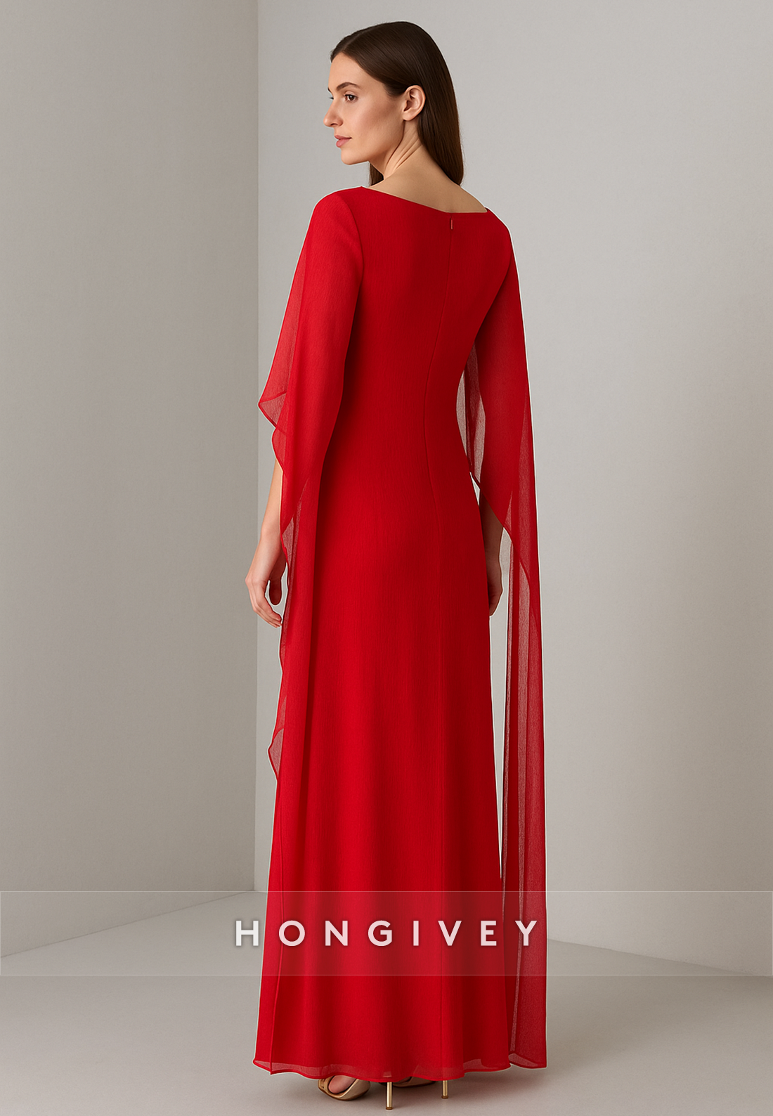 Ankle-Length Scoop Mother of the Bride Dresses Flutter Sleeves Pleated Chiffon Evening Gowns