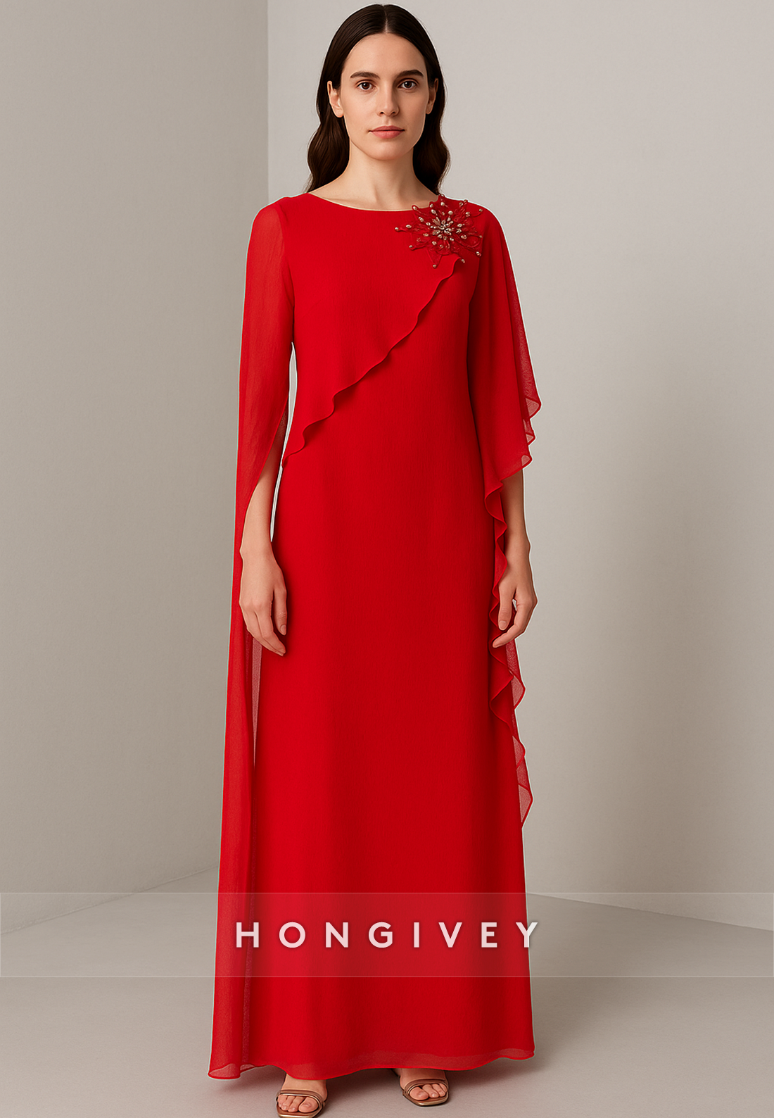 Ankle-Length Scoop Mother of the Bride Dresses Flutter Sleeves Pleated Chiffon Evening Gowns