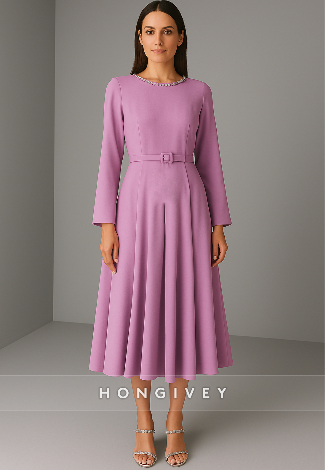 Waistband Long Sleeves A-Line Trim Tea-Length Pleated Evening Gowns