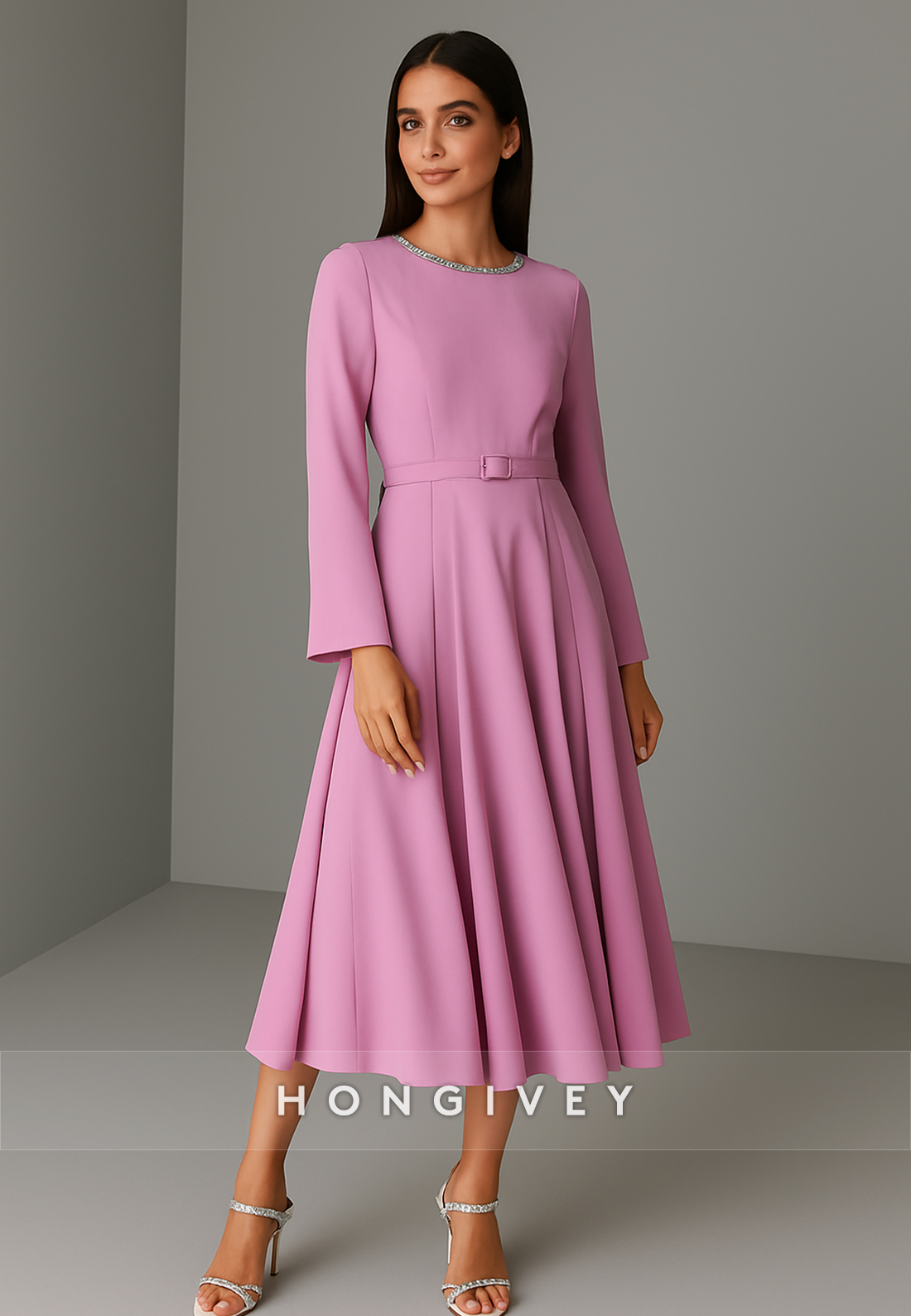 Waistband Long Sleeves A-Line Trim Tea-Length Pleated Evening Gowns