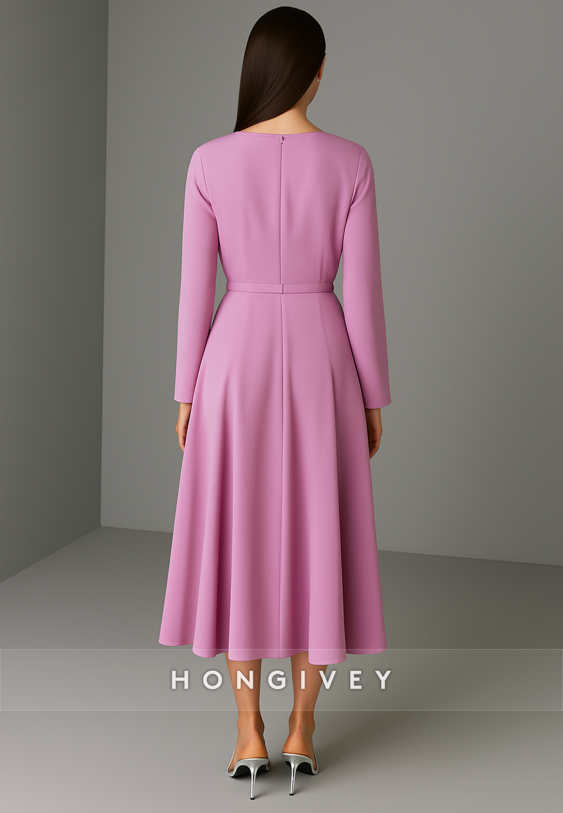 Waistband Long Sleeves A-Line Trim Tea-Length Pleated Evening Gowns