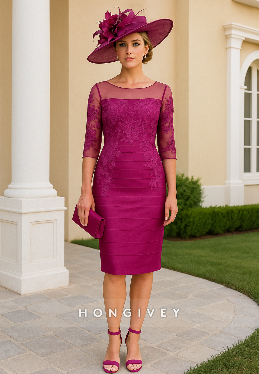 3/4 Sleeve Sheath Knee-Length Cocktail Dresses Appliqued Illusion Neck Mother of the Bride Dresses