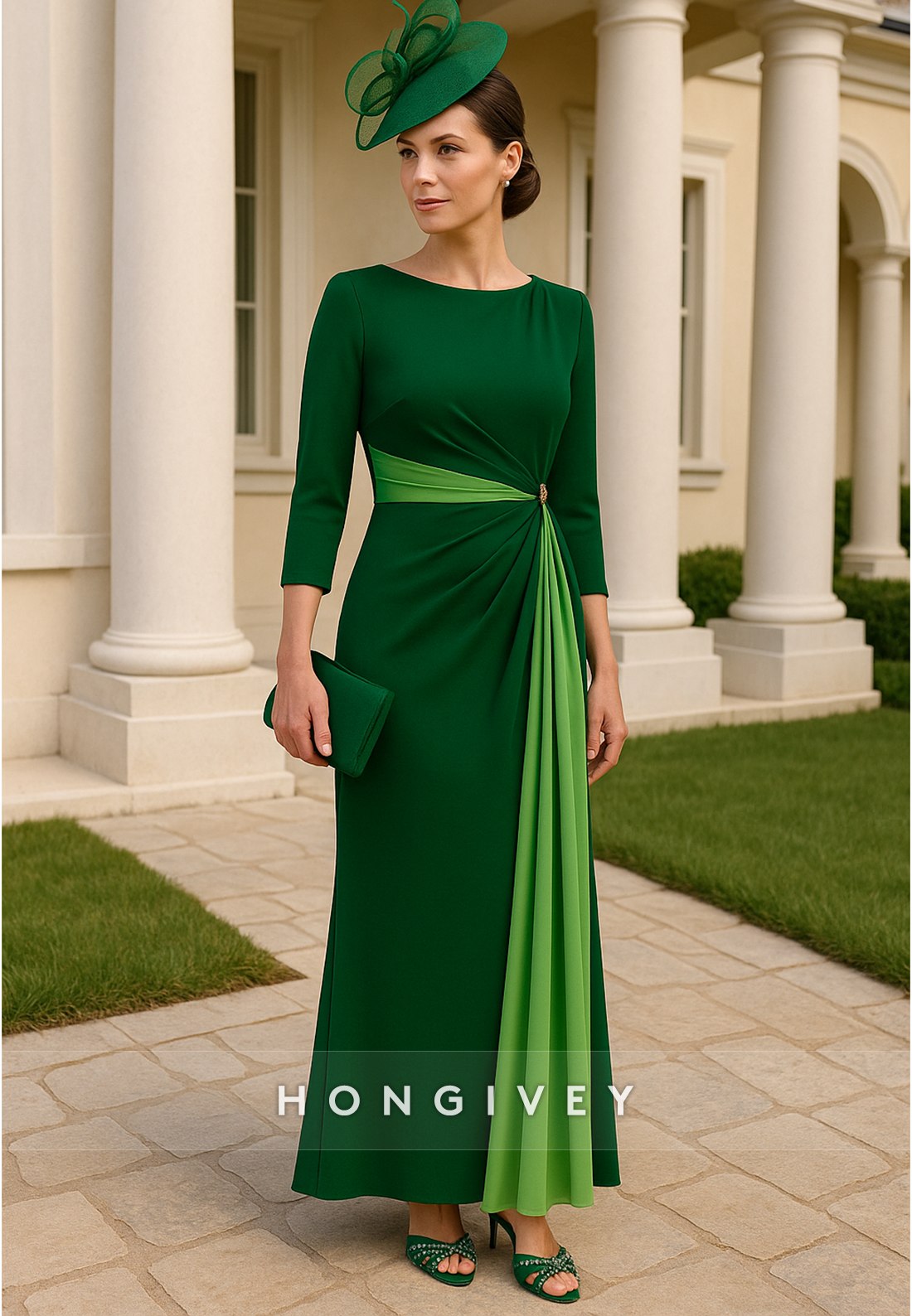3/4 Sleeve Ruched Ankle-Length Pleated Column Mother of the Bride Dresses