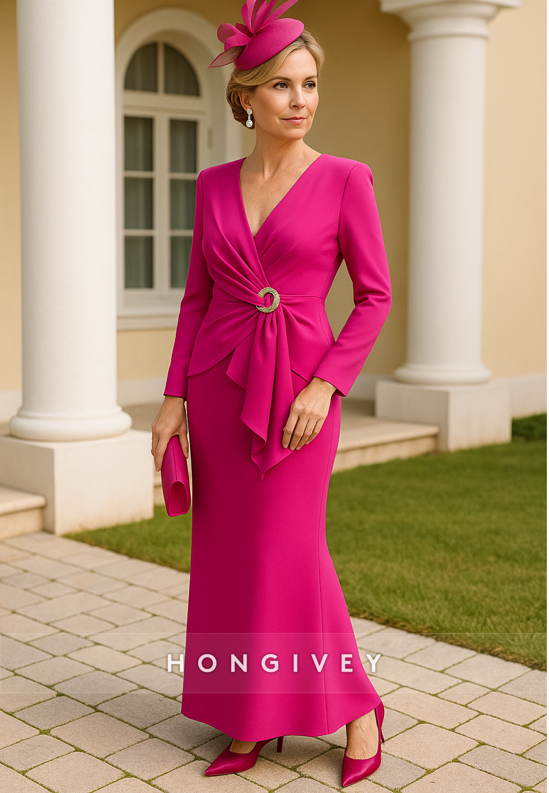 Ankle-Length Low V-Neck A-Line Pleated Long Sleeves Sheath Mother of the Bride Dresses