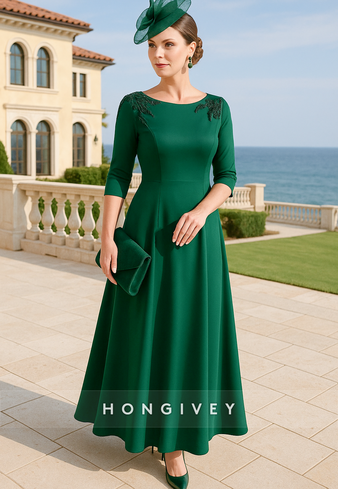 A-Line Ankle-Length Appliqued Half Sleeves Pleated Mother of Bride Dresses