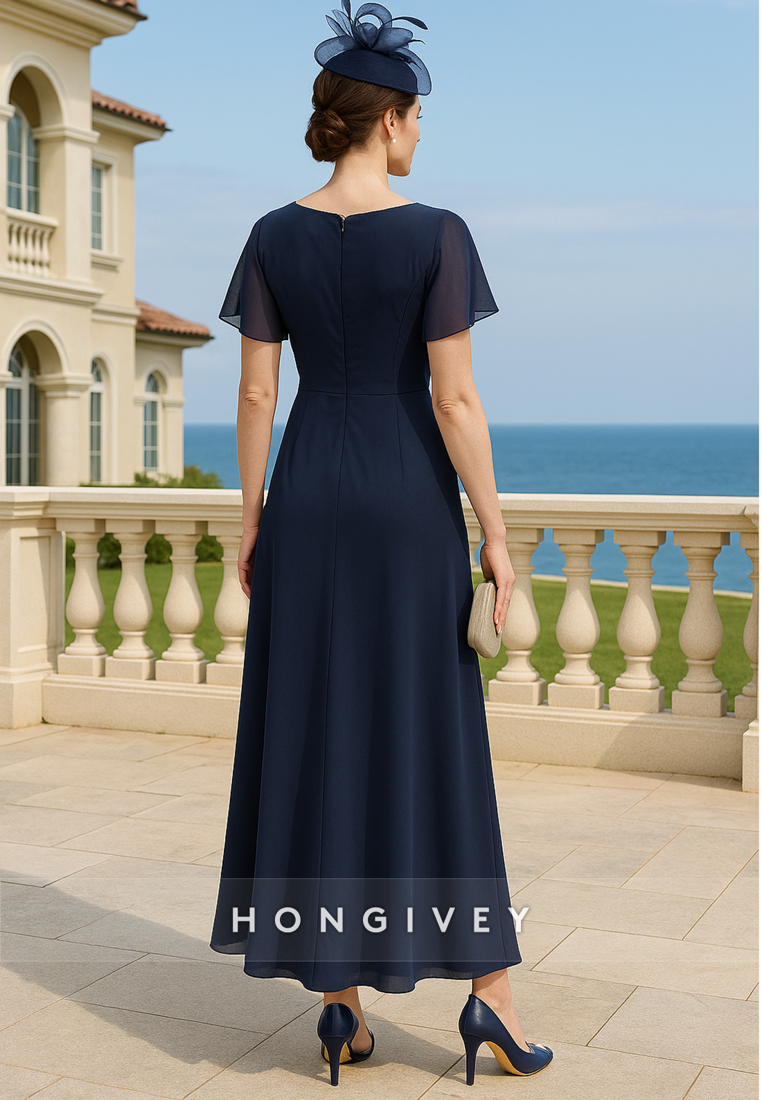 Ankle-Length A-Line Short Sleeves Appliqued Pleated Mother of Bride Dresses
