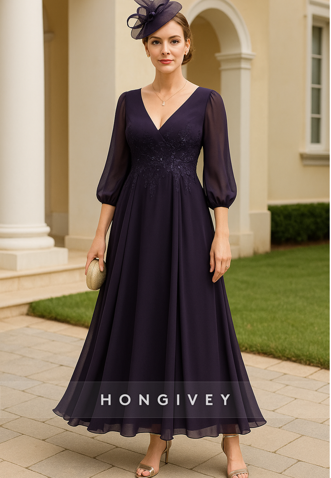 3/4 Sleeve V-Neck A-Line Ankle-Length Chiffon Pleated Mother of Bride Dresses