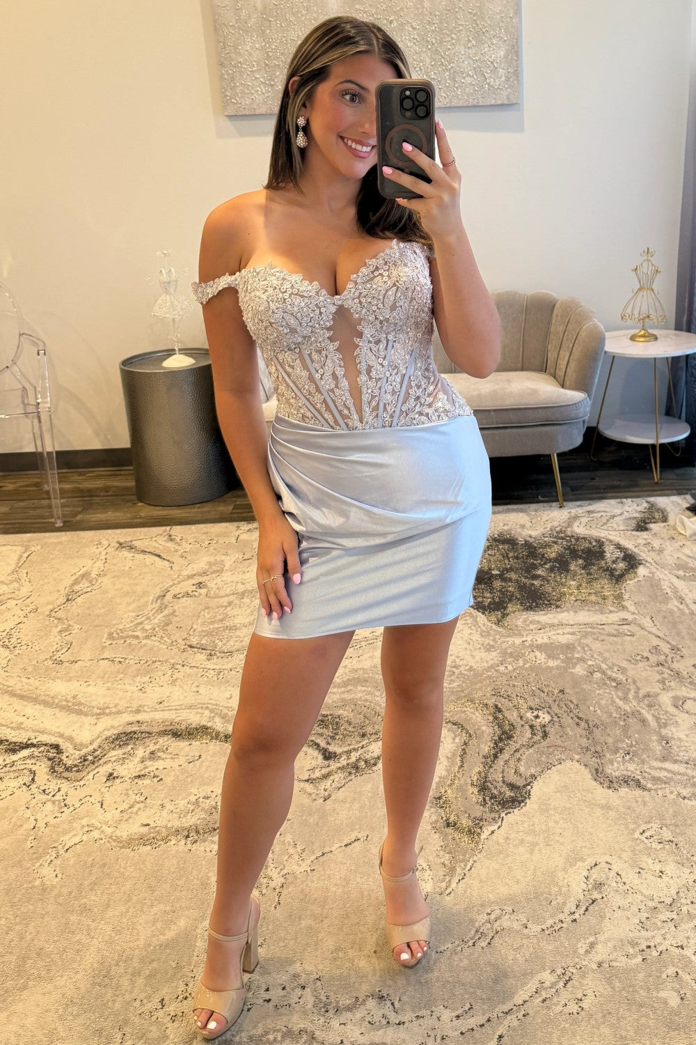Stylish Bodycon Off the Shoulder Blue Corset Homecoming Dress with Appliques