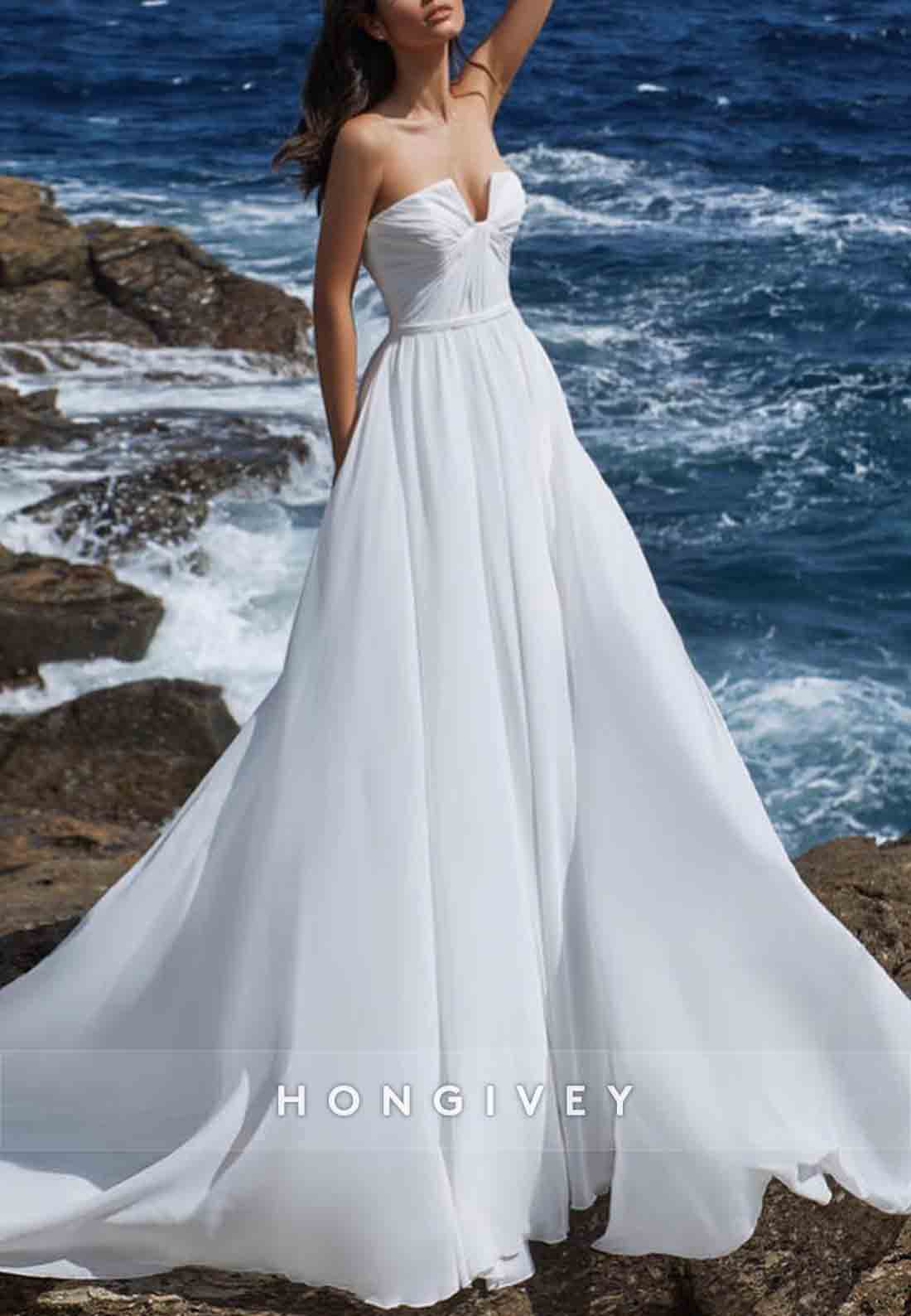 Simple Strapless Sleeveless Pleated A-Line Court Train Beach Wedding Dresses