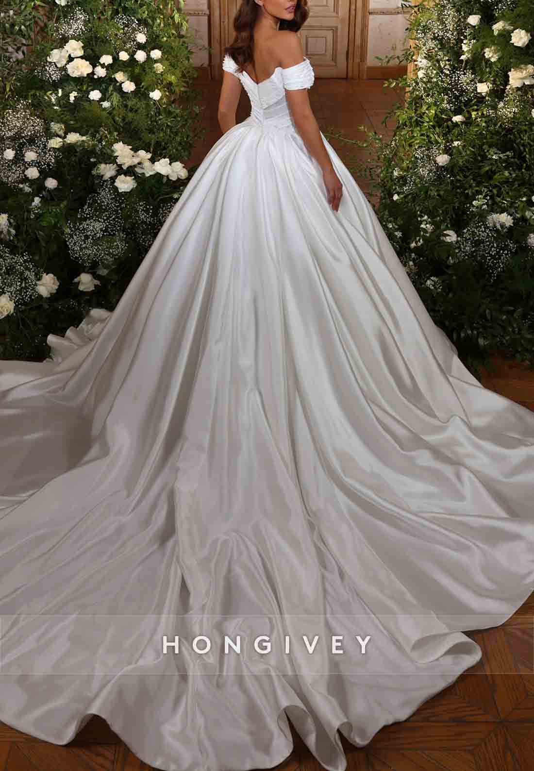 Chapel Train Satin Off the Shoulder Ruffles Pearls Empire Wedding Dresses