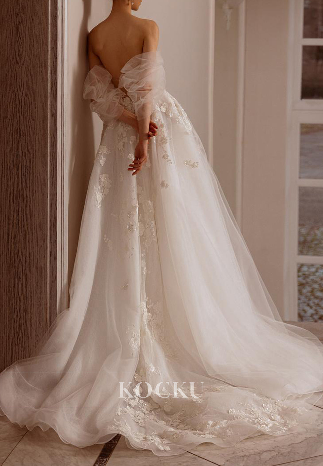 Dreamy Sweetheart Tulle Puff Sleeve Wedding Dress with 3D Floral Embellishments & Open Back