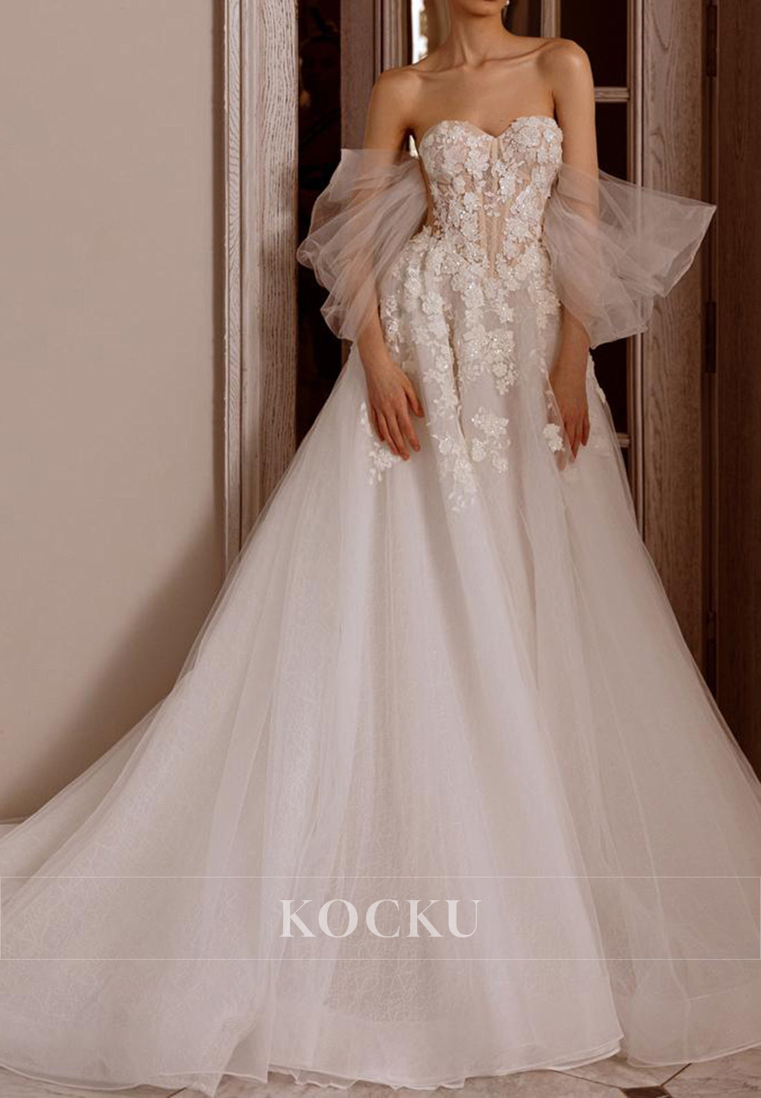 Dreamy Sweetheart Tulle Puff Sleeve Wedding Dress with 3D Floral Embellishments & Open Back