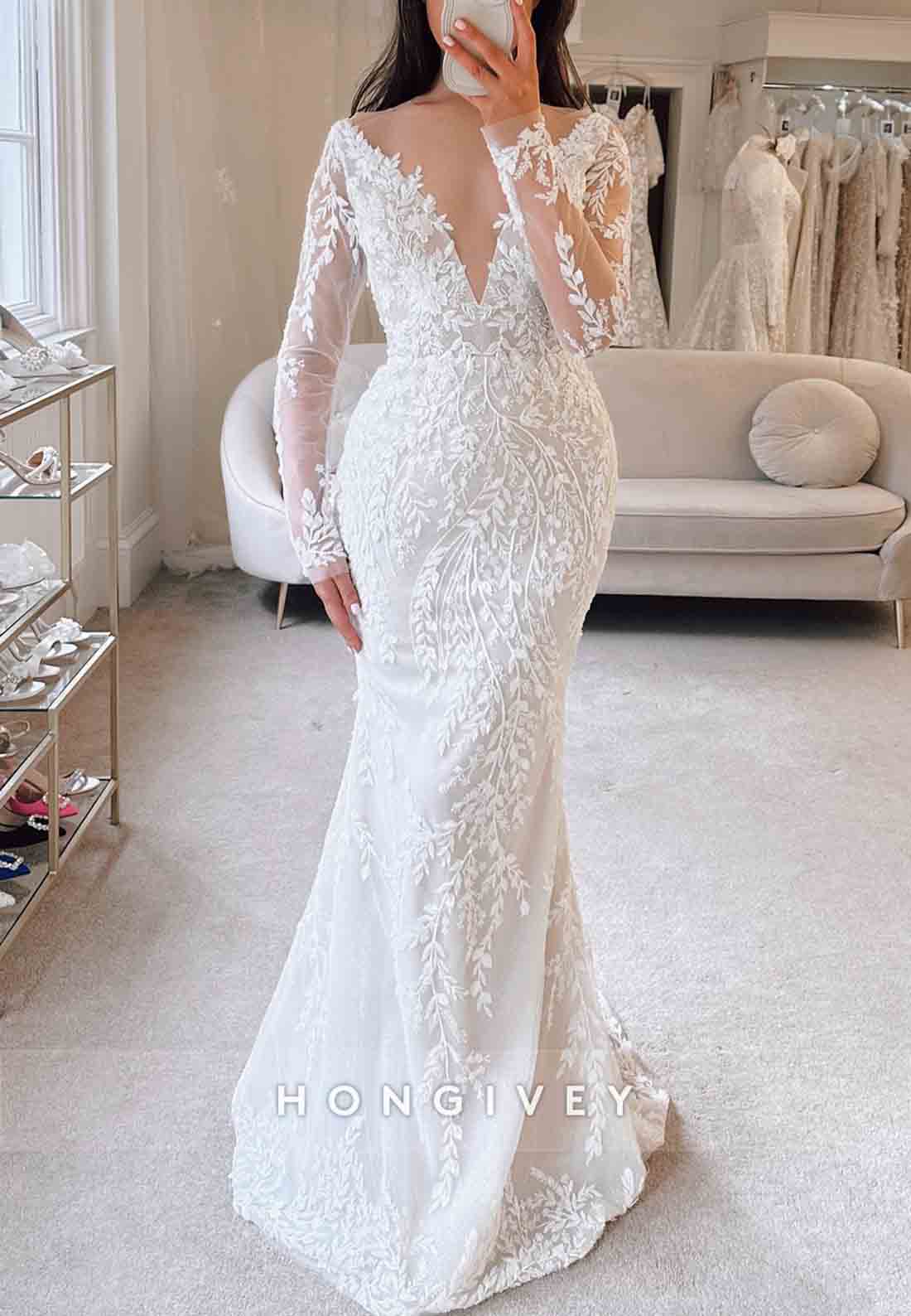 Lace Illusion V-Neck Detachable Long Sleeves Trumpet Wedding Dresses
