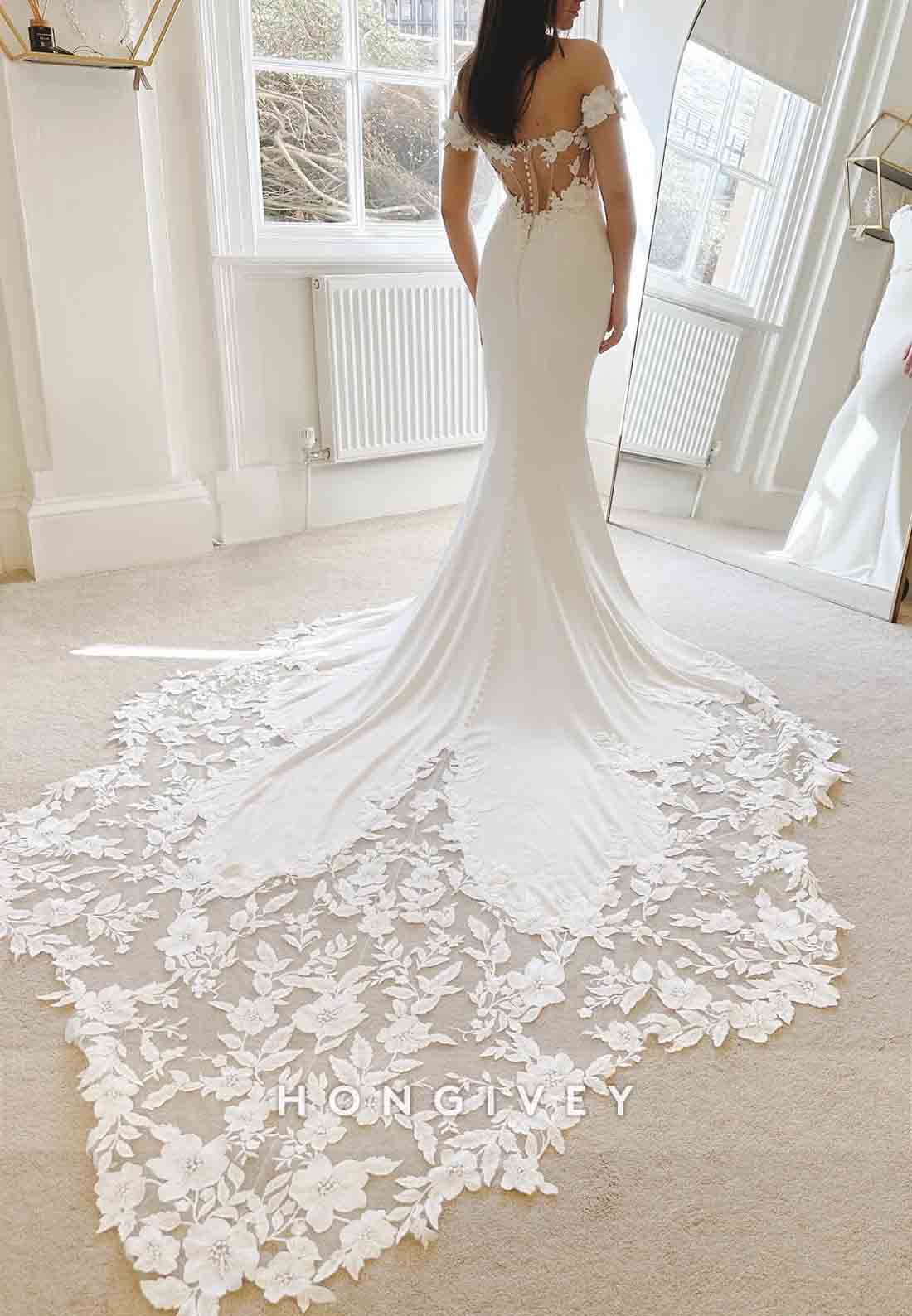 Off the Shoulder Chapel Train Trumpet Low Back Bowknot Flowers Wedding Dresses