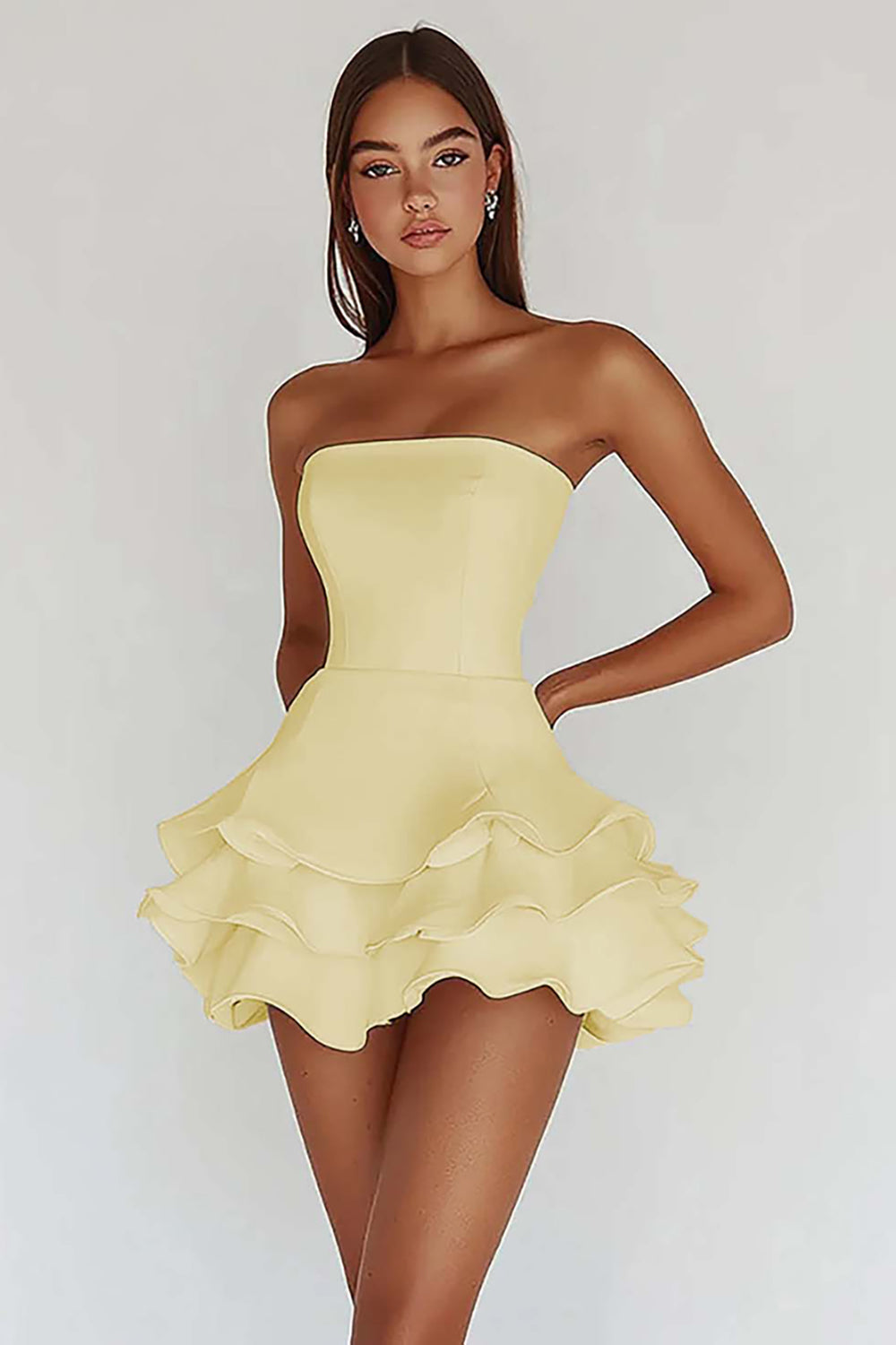 White Strapless A Line Tiered Matte Satin Graduation Dress