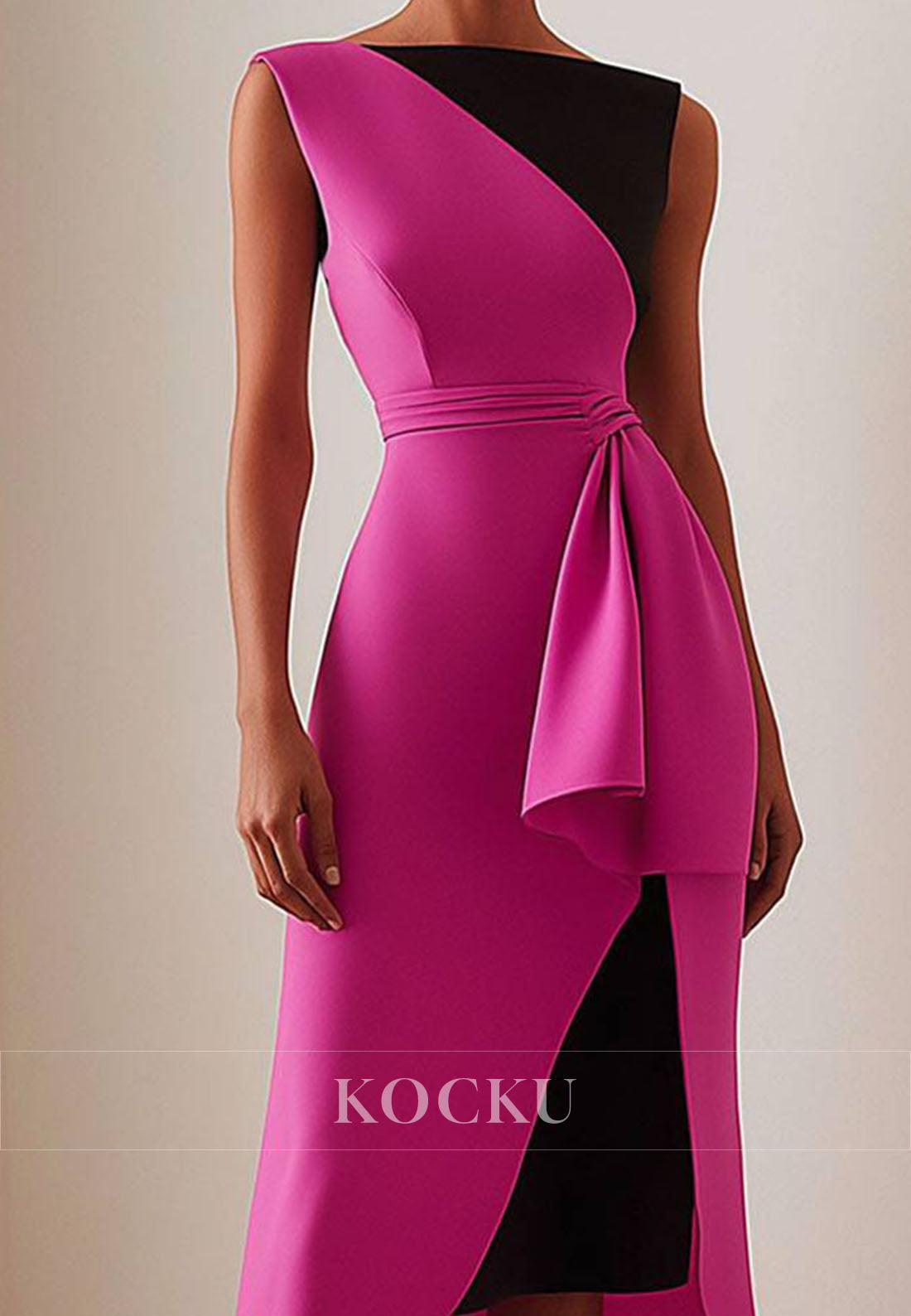 Splicing Color Sleeveless Pleated Satin Fitted High Low Wedding Guest Mid-Formal Dress