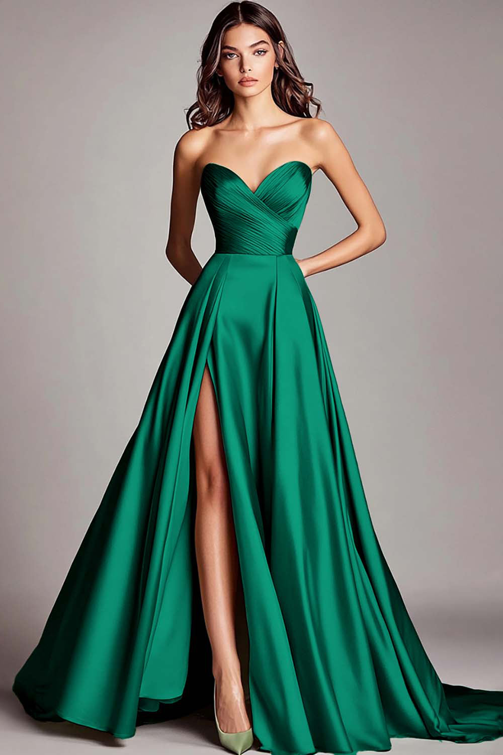 Dusty Sage Strapless A Line Ruched Satin Long Prom Dress with Slit
