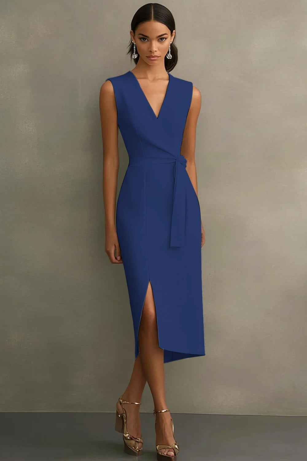 White Satin V-Neck Formal Dress with Belt