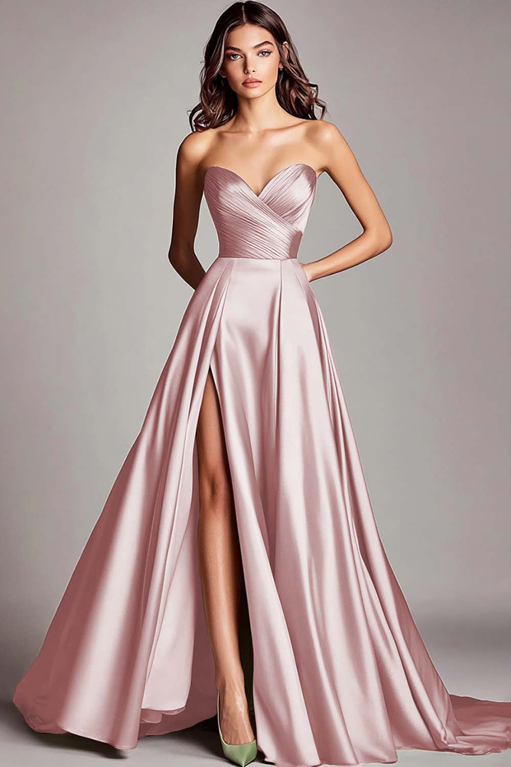 Dusty Sage Strapless A Line Ruched Satin Long Prom Dress with Slit