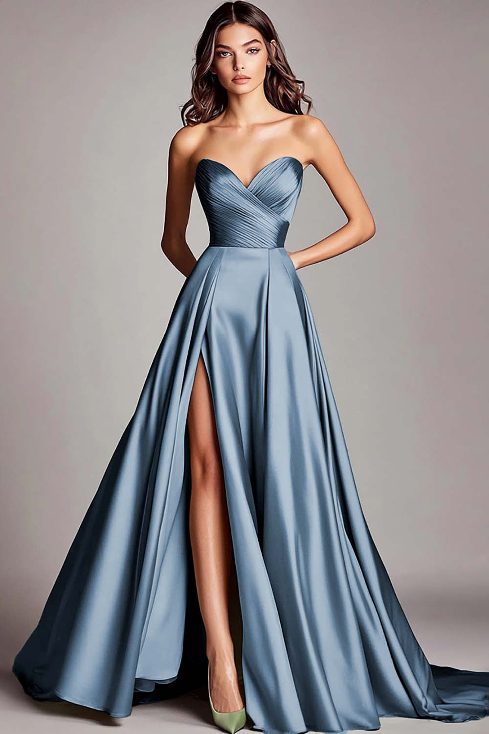 Dusty Sage Strapless A Line Ruched Satin Long Prom Dress with Slit