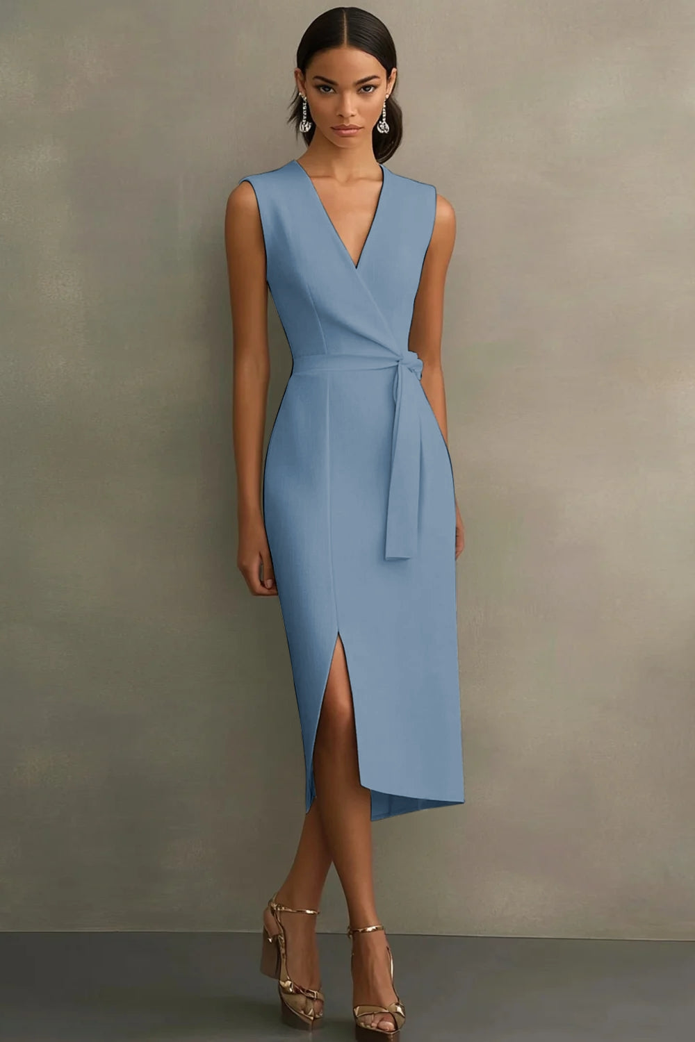 White Satin V-Neck Formal Dress with Belt