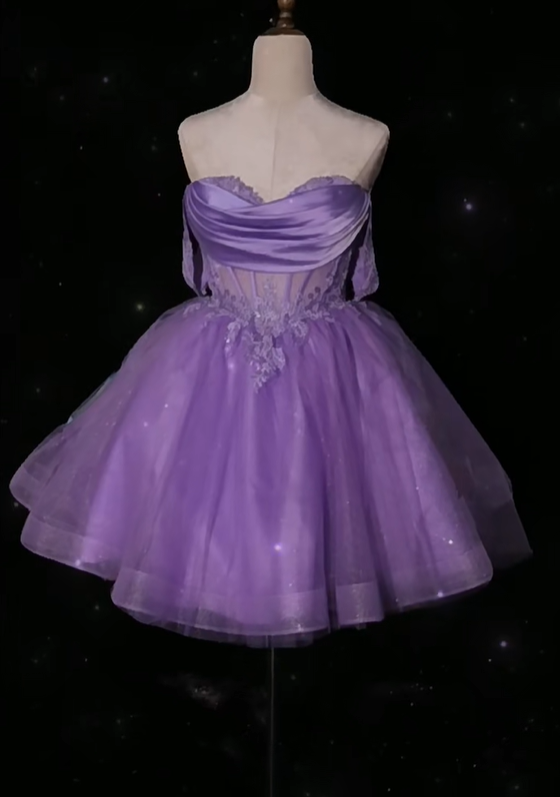 Elegant Lavender Sweetheart Neck Tulle Appliques A Line Birthday Outfits Formal Homecoming Dress  D153
