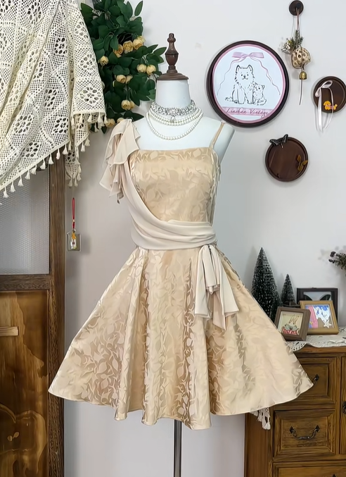 Vintage Satin Print Floral A Line Mini Party Dress Spaghetti Straps Champagne Homecoming Dress  S335