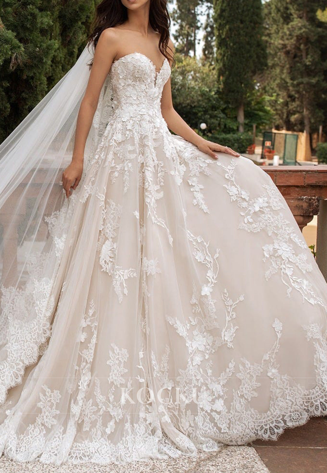 Strapless Lace - Trimmed Wedding Dress with Floral Appliqués & Ball Gown Train